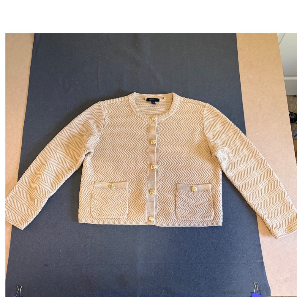Ann Taylor Cardigan Sweater Women XL Beige Chevron Gold Button Knit Preppy Core